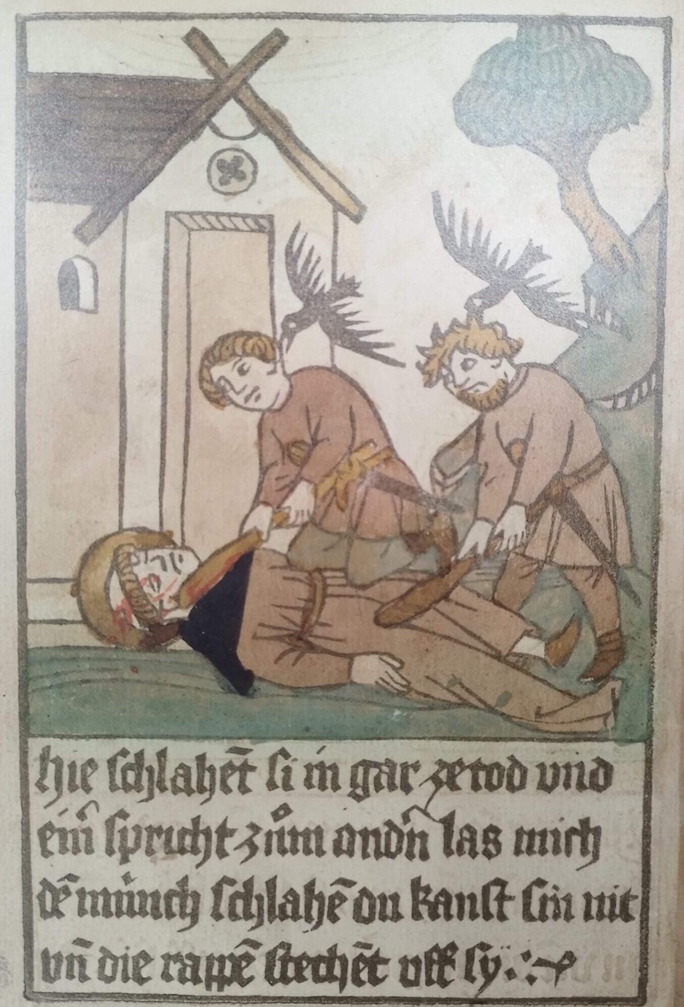 Zwei Räuber mit Namen Richard und Peter, die Meinrad für Pilger hält, überfallen den Einsiedler und schlagen ihn mit Knüppeln tot.