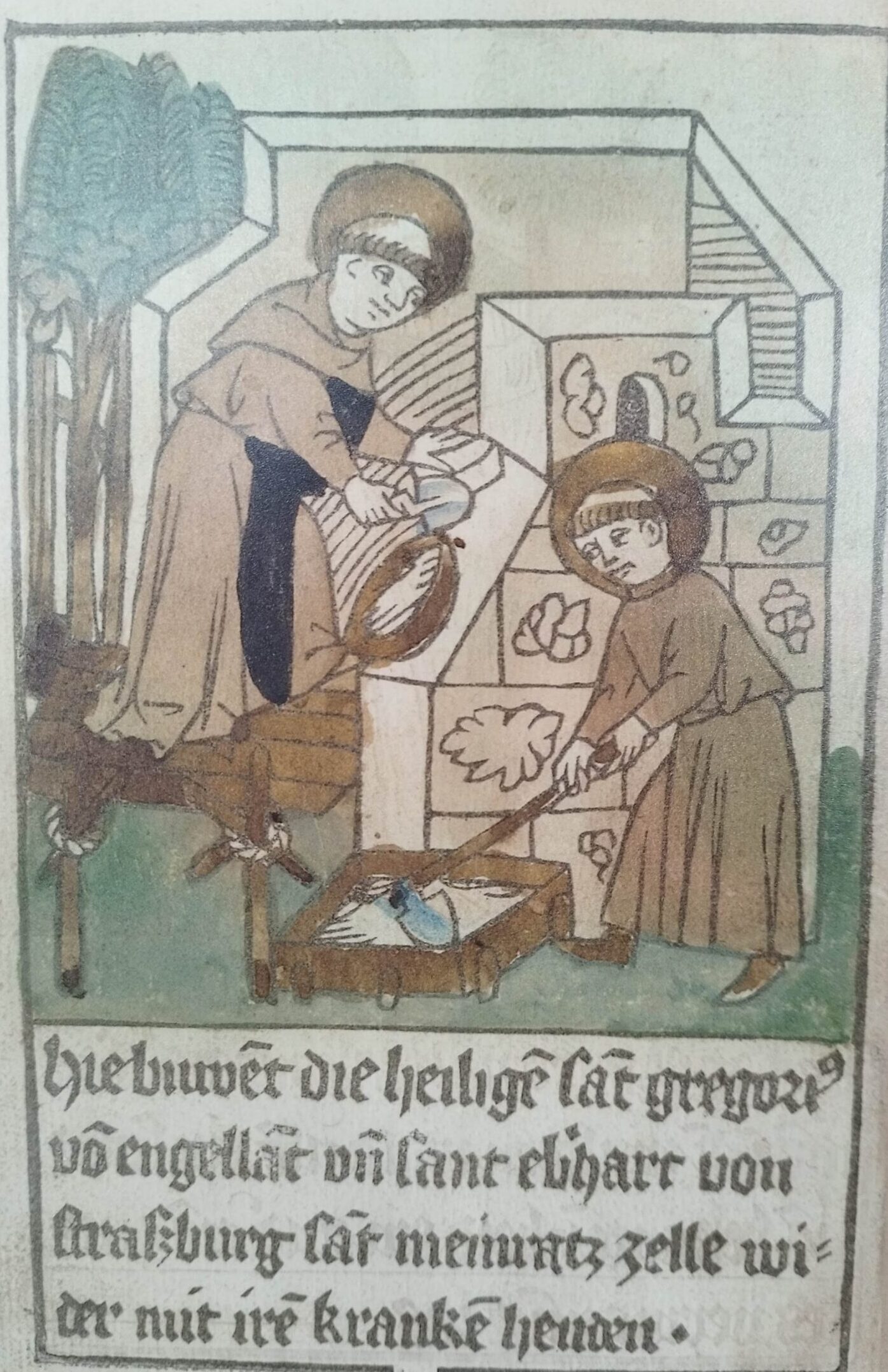 Eberhard von Strassburg und Gregor, ein Angelsache, bauen gemeinsam die Kapelle Meinrads wieder auf.