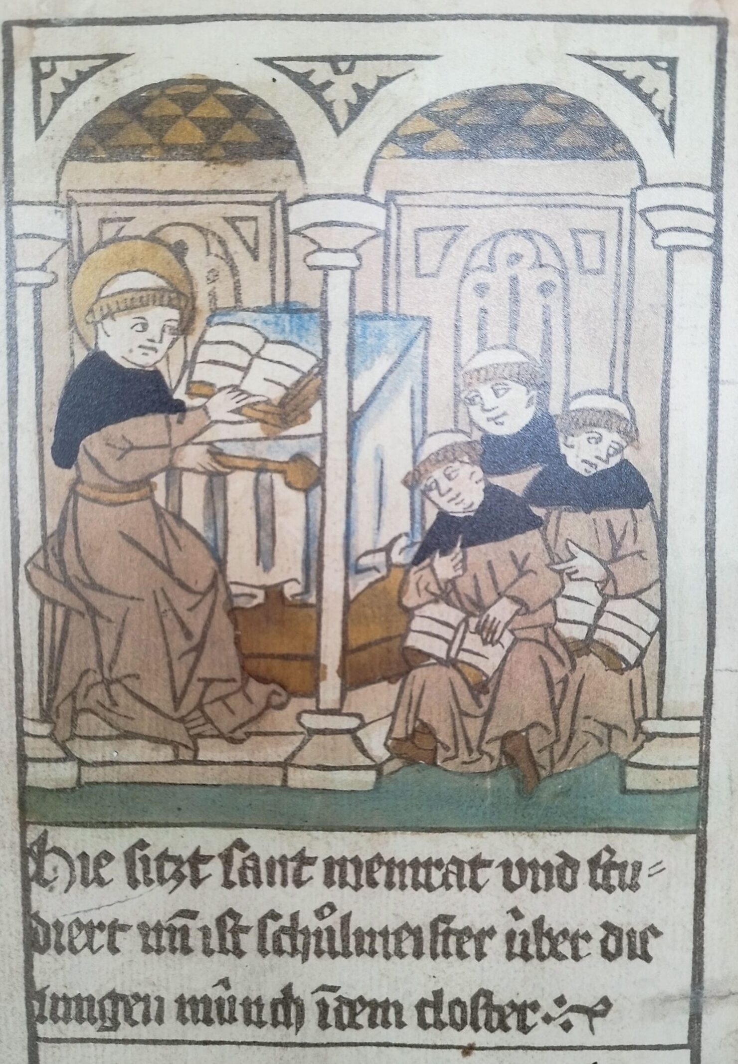 Meinrad wird Schulmeister und unterricht die jungen Schüler.