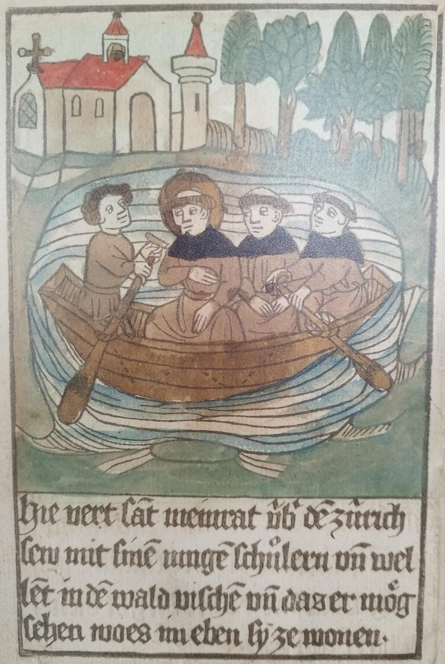 Meinrad rudert mit seinen Schülern auf dem Zürichsee. Vom Boot aus sieht er die Stelle, wo er seine Zelle bauen will.