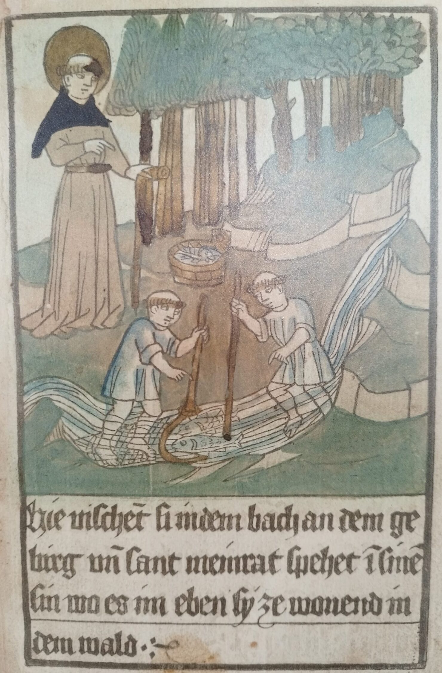 Seine Schüler fischen an dem Bach, an dem Meinrad seine Zelle bauen wird.