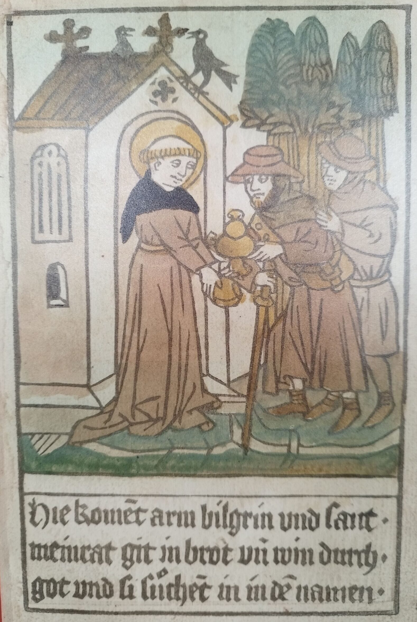Meinrad gibt armen Pilgern Brot und Wein.