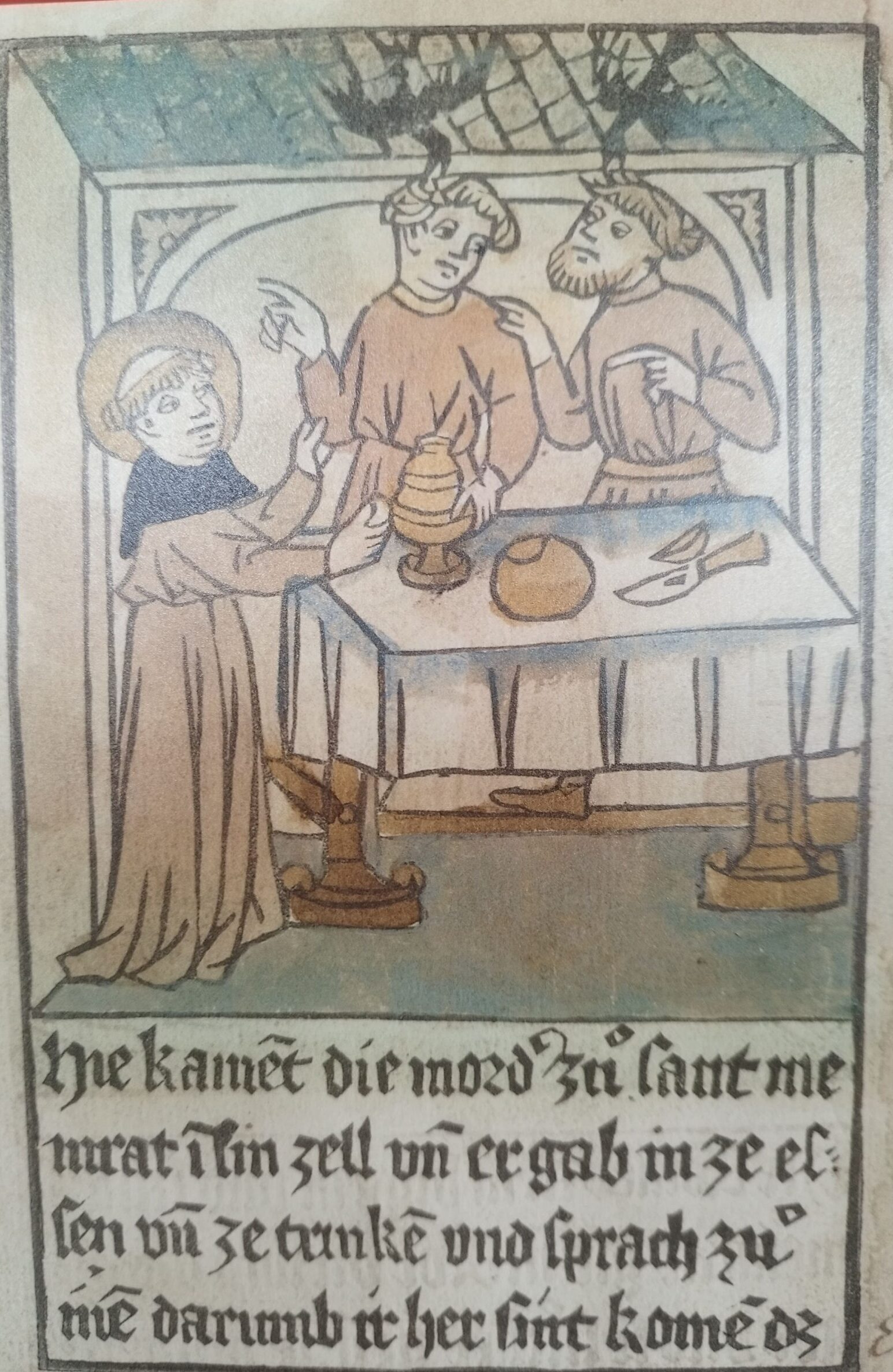 Meinrad gibt seinen Mördern in seiner Zelle zu essen und Trinken. Die beiden Raben Meinrads ahnen böses.