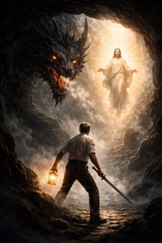 Mann mit Schwert vor Drache und Lichtgestalt