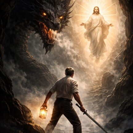 Mann mit Schwert vor Drache und Lichtgestalt