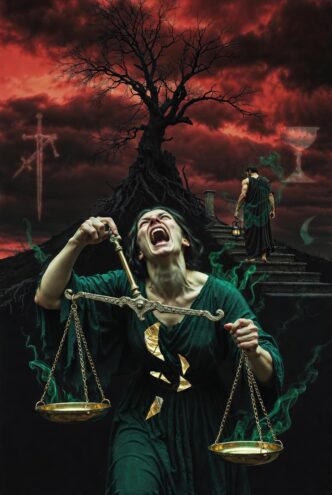 Dramatische Szene mit Waage und rotem Himmel