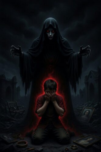 Junge mit rotem Schein kniet vor dunkler Gestalt