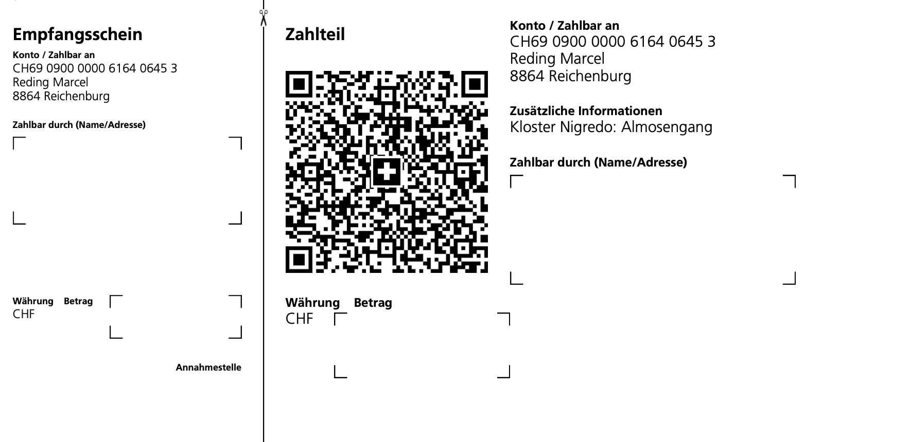 Schweizer QR-Rechnung mit Empfangsschein und QR-Code. Kloster Nigredo