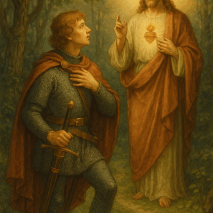 Parzival und Jesus Heiliger Mann spricht zu einem Ritter im Wald.