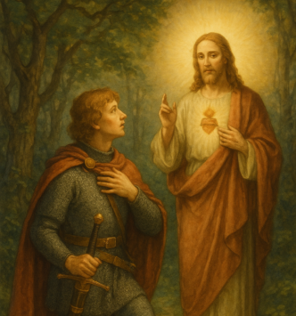 Heiliger Mann spricht zu einem Ritter im Wald.