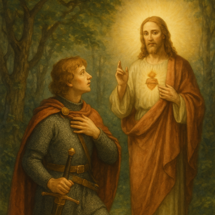 Heiliger Mann spricht zu einem Ritter im Wald.