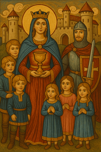 Königin mit Ritter und Kindern vor Burg