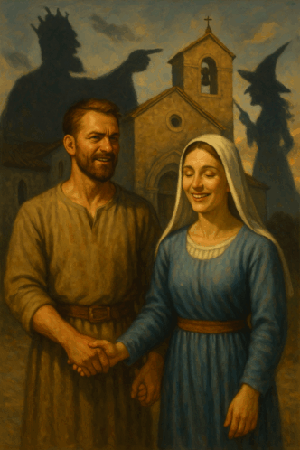 Historisches Paar vor Kirche mit Schatten.