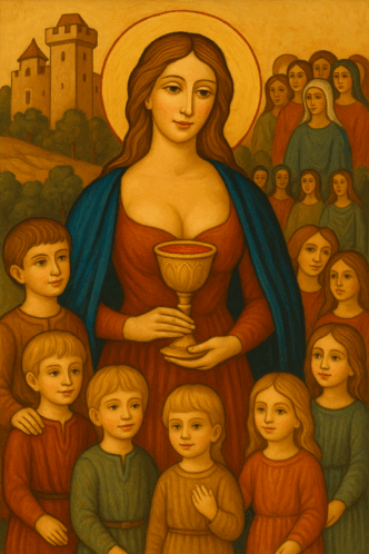 Frau mit Heiligenschein hält Kelch, umgeben von Kindern.