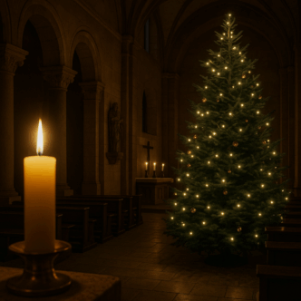Kerze und beleuchteter Weihnachtsbaum in Kirche
