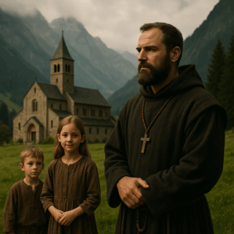 Mönch und Kinder bei einer Bergkirche