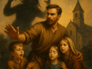 Mann sch&uuml;tzt Kinder vor Schattenmonster nahe Kirche.