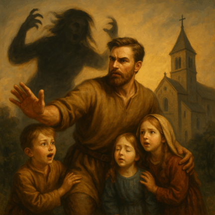 Mann sch&uuml;tzt Kinder vor Schattenmonster nahe Kirche.