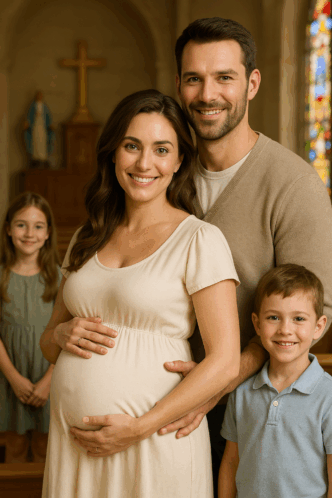 Glückliche Familie in einer Kirche.