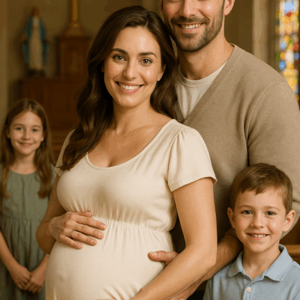 Gl&uuml;ckliche Familie in einer Kirche.