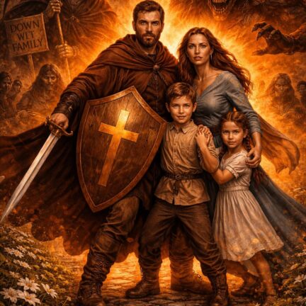 Heroische Familie vor brennendem Hintergrund