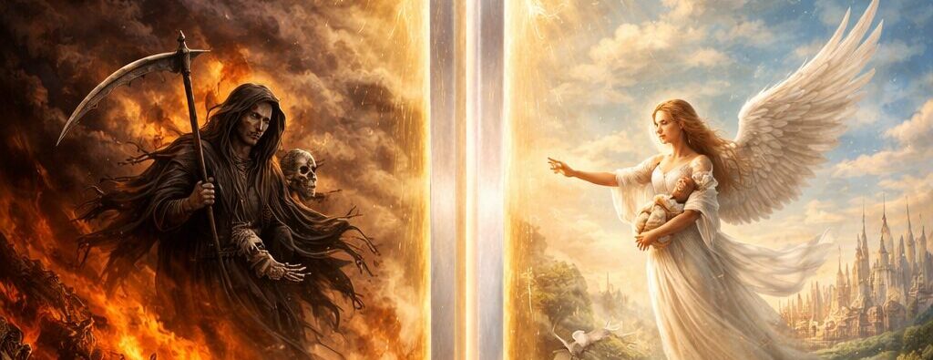 Engel neben Schwert zwischen Himmel und Hölle