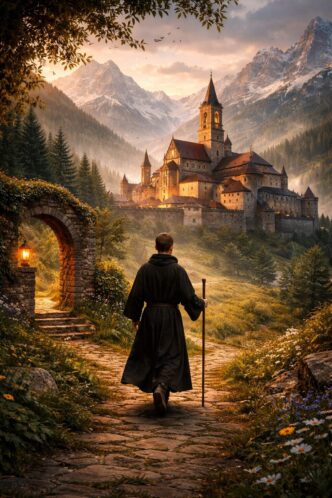 Mönch in gebirgiger Klosterlandschaft bei Sonnenuntergang