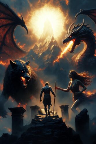 Mann vor Drache und Wolf in Fantasy-Landschaft
