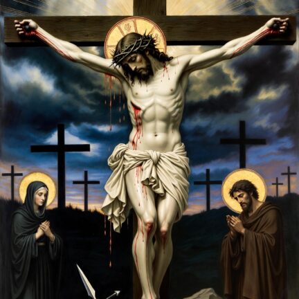 Karwoche – Kreuzigung Kreuzigung Jesu mit Heiligen im Hintergrund