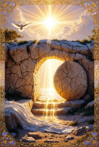 Leeres Grab mit strahlendem Licht und Taube