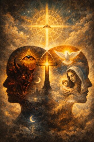 Symbolische Menschengesichter zwischen Gut und Böse