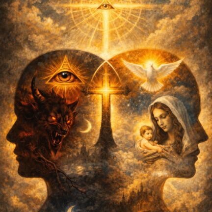 Symbolische Menschengesichter zwischen Gut und B&ouml;se