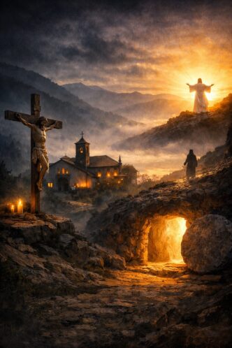 Dramatic religious scene with Jesus and crucifixion