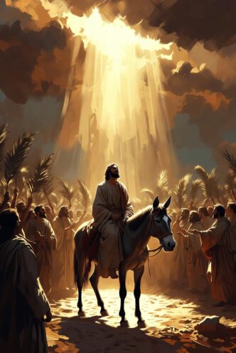 Mann auf Esel, umgeben von jubelnden Menschen.