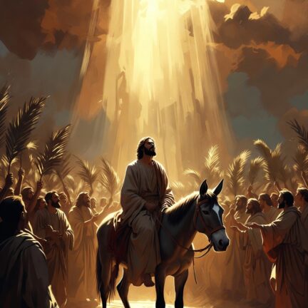 Mann auf Esel, umgeben von jubelnden Menschen.