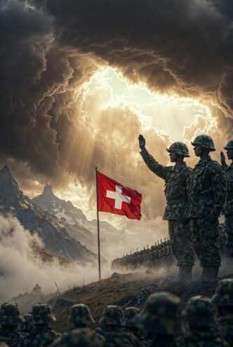 Schweizer Soldaten vor dramatischem Himmel