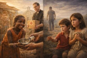 Lächelndes Mädchen erhält Wasser, Kinder im Hintergrund