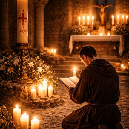 M&ouml;nch betet bei Kerzenlicht in Kirche.