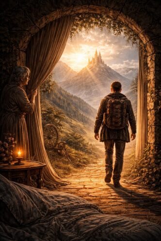 Mann geht in Richtung Bergschloss im Sonnenuntergang