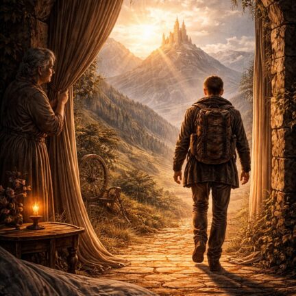 Mann geht in Richtung Bergschloss im Sonnenuntergang