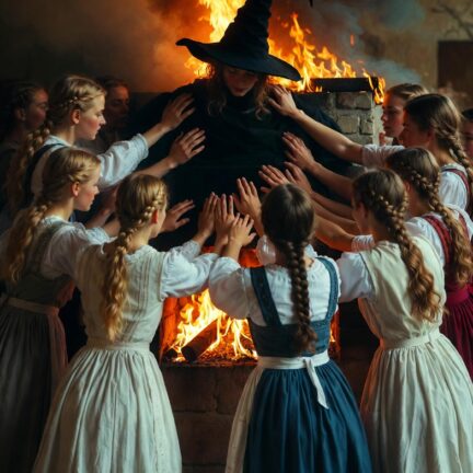 M&auml;dchen umringen Hexe vor loderndem Feuer