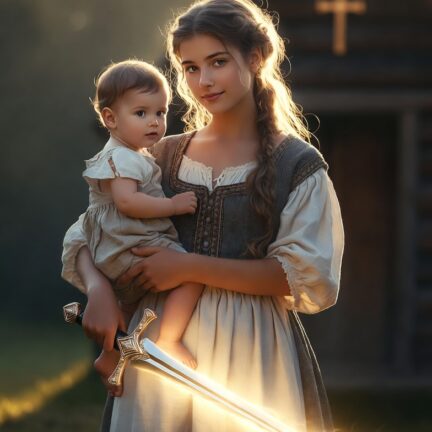 Junge Frau mit Baby und leuchtendem Schwert