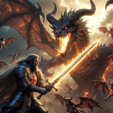 Ritter k&auml;mpft gegen feuerspeienden Drachen