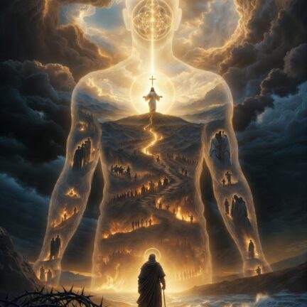 Der Große Marsch durch das Individuum zum wahren Selbst Leuchtende Menschengestalt mit spiritueller Landschaft und Kreuz