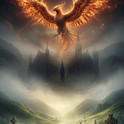 Das Schwarze Kloster und der Phönix Feuriger Phönix über nebliger Kathedrale