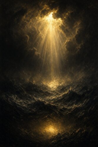 Goldener Lichtstrahl durchbricht dunkle Wolken über stürmischem Meer