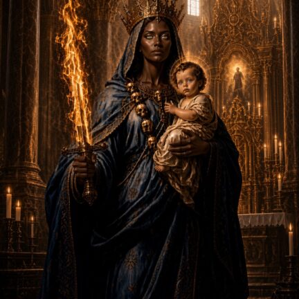 Die Schwarze Madonna - Kraft des reinen Leidens, der mystischen Liebe, die das Böse an seiner Wurzel vernichtet und das Jesuskind im Urgrund der Seele zeugt, selbst wenn die Welt brennt Gekrönte Madonna mit Kind und flammendem Schwert in Kathedrale
