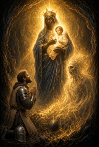 Leuchtende Madonna mit Kind und betender Ritter