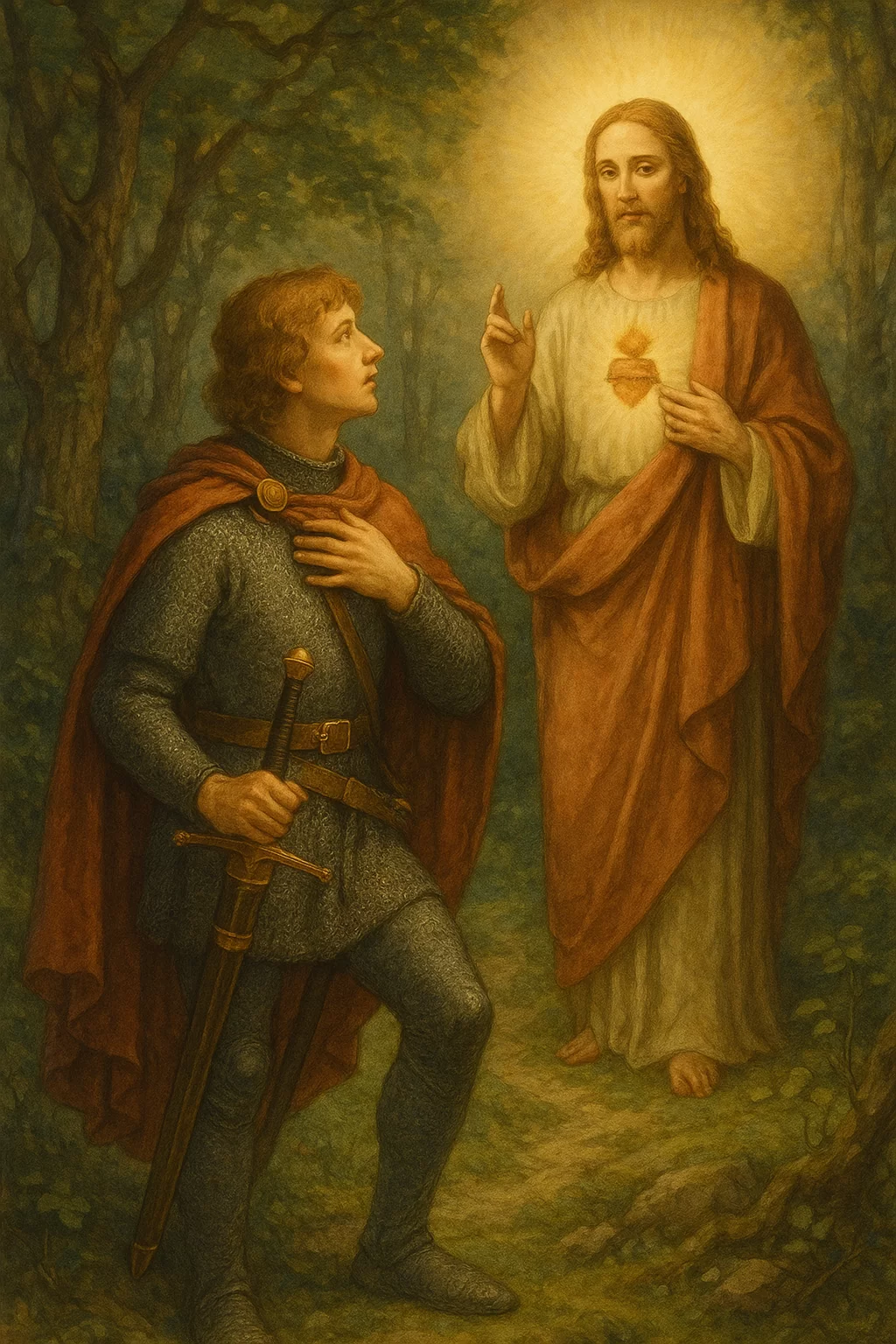 Heiliger Mann spricht zu einem Ritter im Wald.